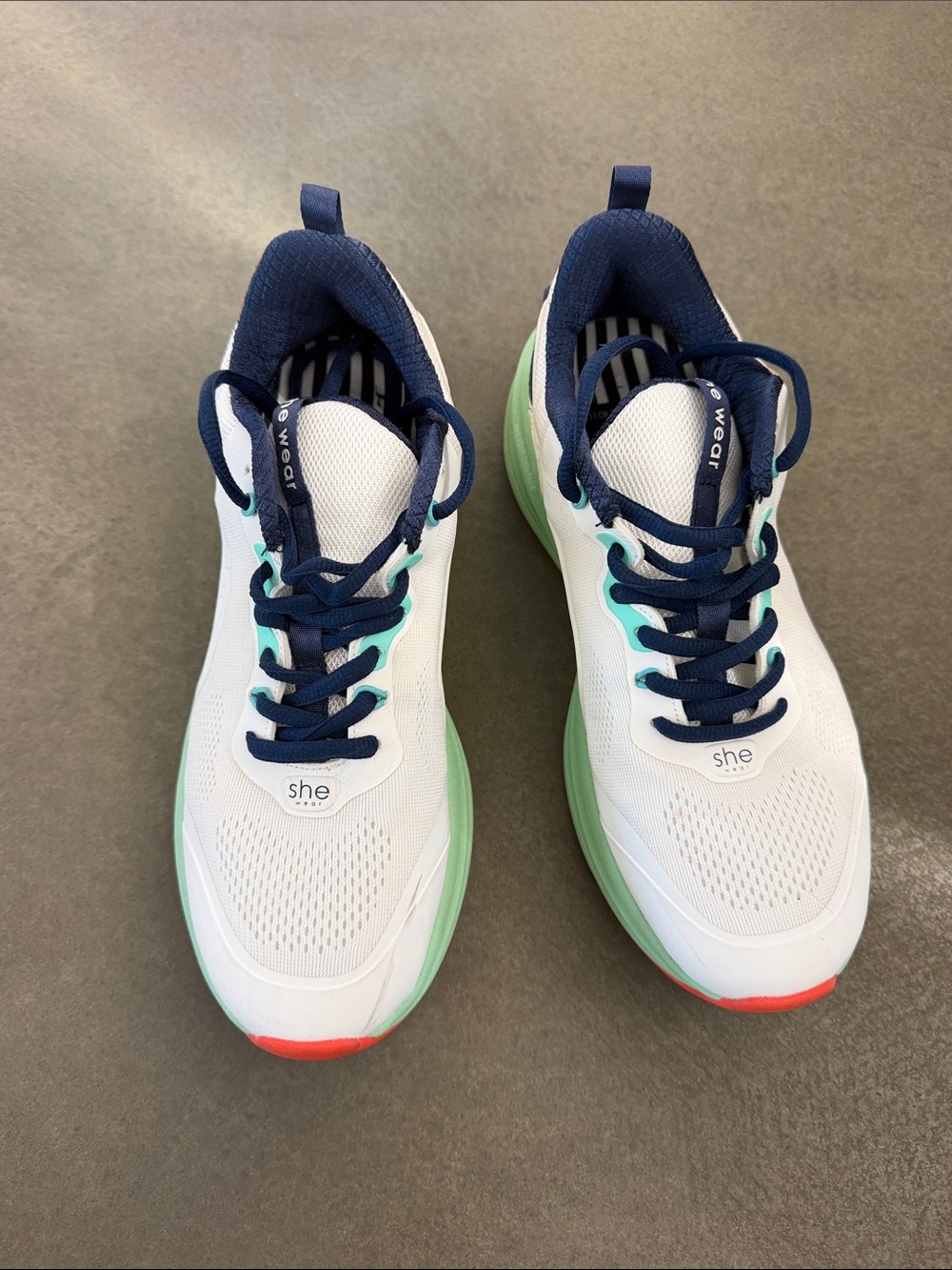 She Wear Womens White Running Shoe with Navy and Mint Accents